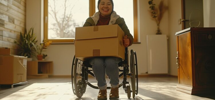 Personne en fauteuil roulant recevant une aide financière pour déménagement à Argenteuil, illustrant le soutien aux personnes handicapées.