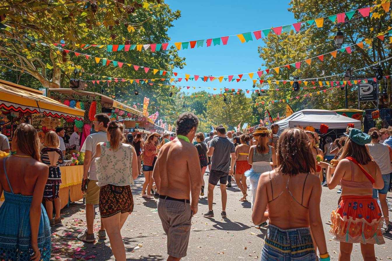 Vibrante ambiance de festival en plein air à Argenteuil, avec vue sur la foule festive et les décorations colorées, illustrant l'esprit de la fête à Argenteuil 2023.