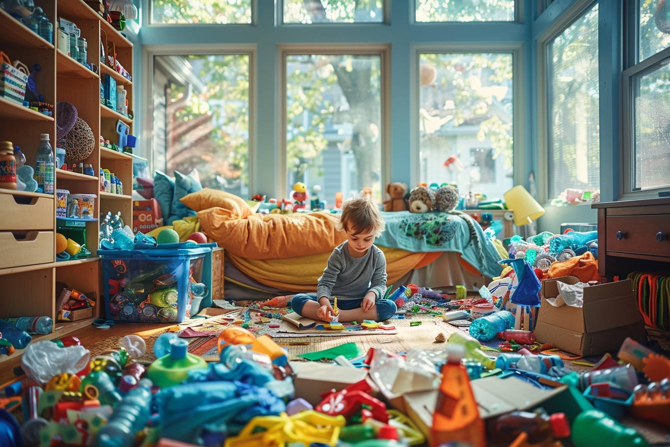Enfant souriant dans une chambre colorée décorée avec des matériaux recyclés pour un espace créatif et éco-responsable